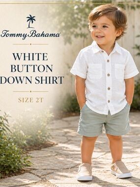 Tommy Bahama Boys White Button Down Shirt 2T Linen Look Short Sleeve Classic